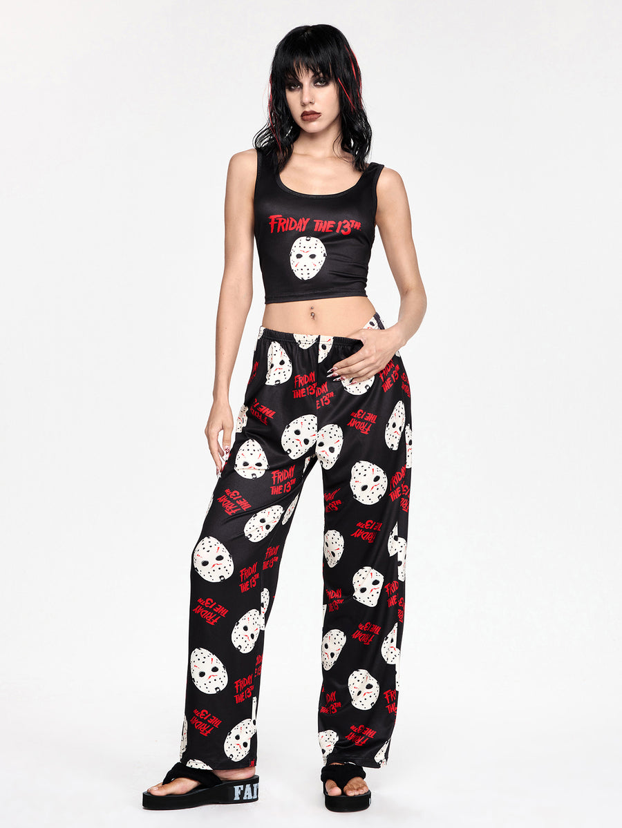Women's gothic skull face print pajama set featuring a slim fit crop camisole and matching pants