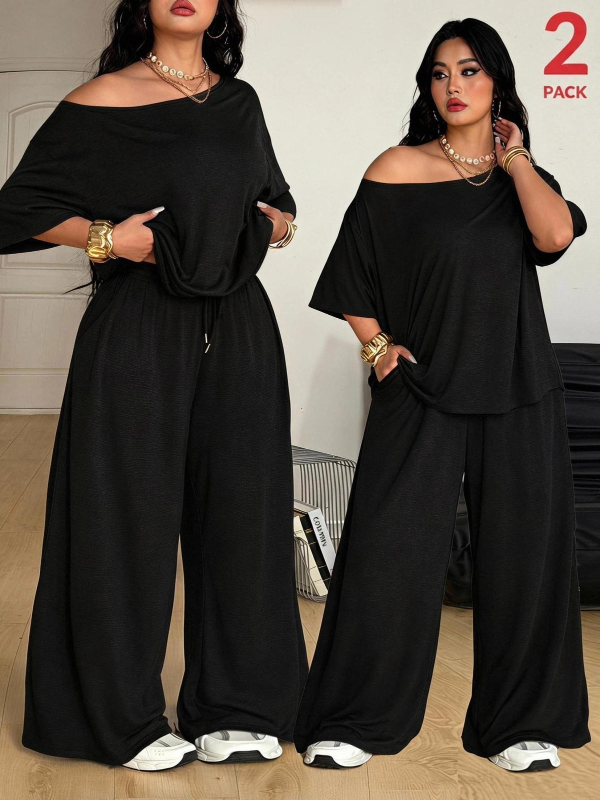 Women's two-piece lounge set featuring a loose drop shoulder asymmetrical neck short sleeve t-shirt and wide-leg knit pants with pockets.