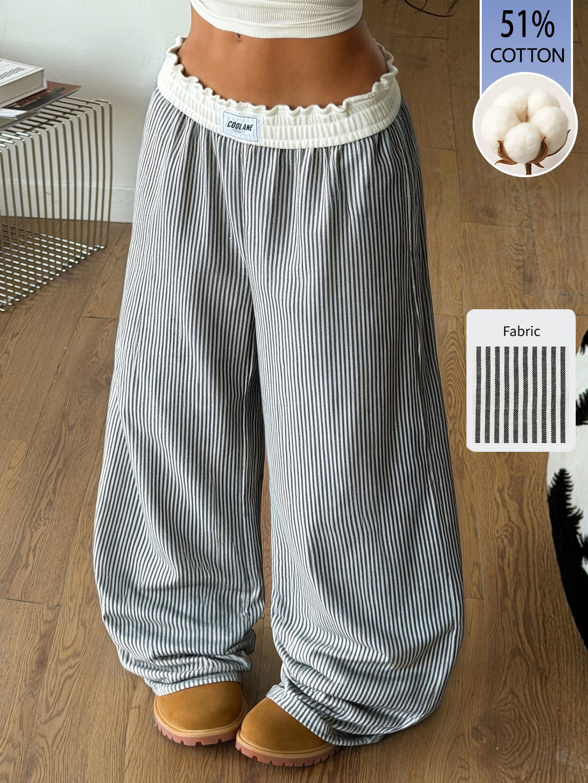 Women's striped straight leg casual trousers with elastic mid waist and side pockets