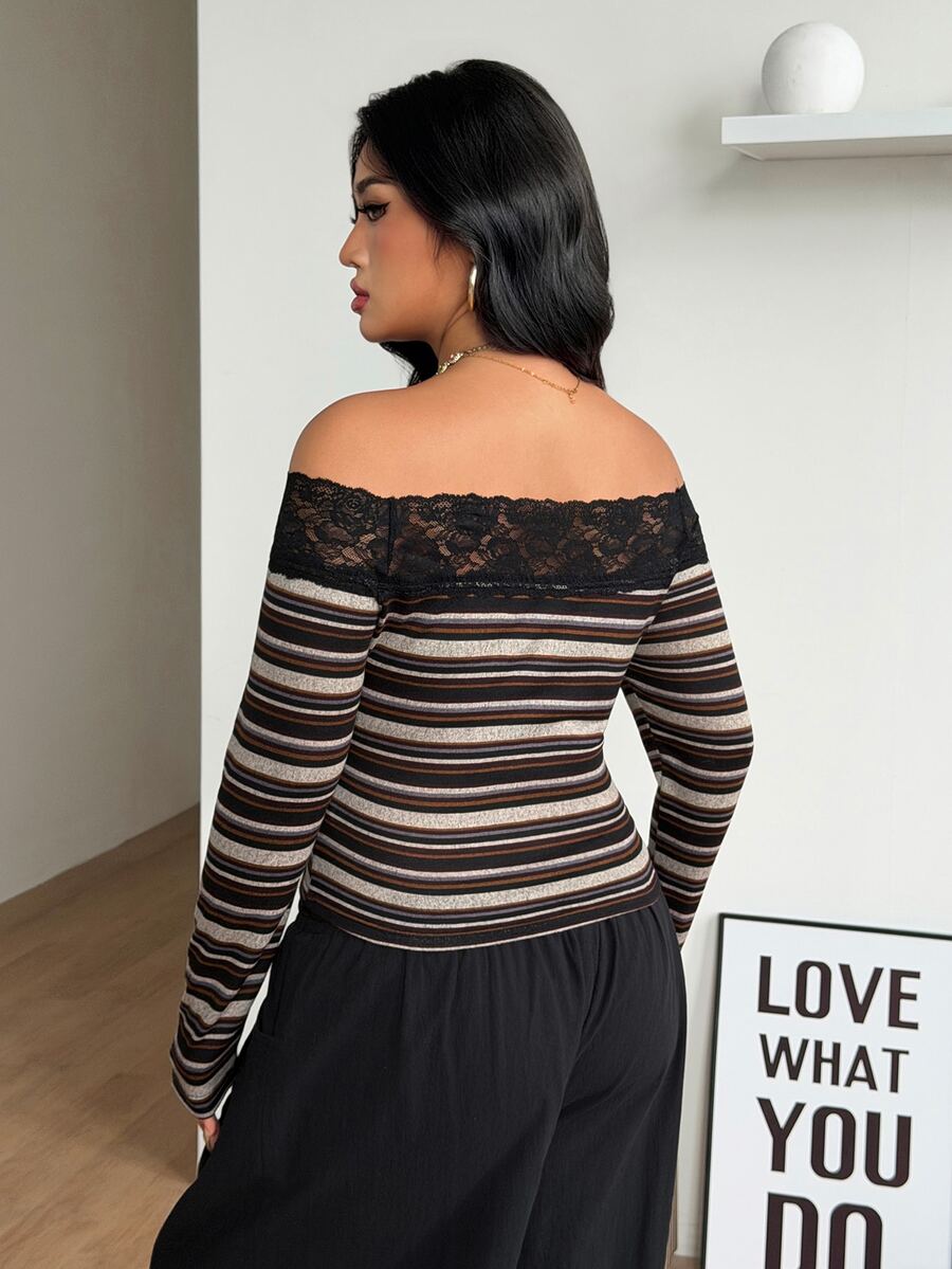 Women's striped off the shoulder long-sleeve top with contrast lace trim and ribbed knit texture.