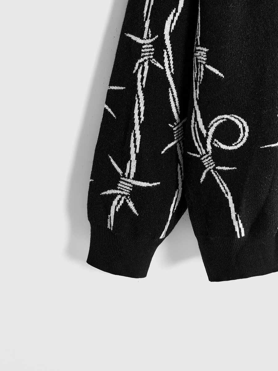 Women's oversized gothic thorn jacquard knit cardigan with V-neckline, button-front closure, and long drop-shoulder sleeves.
