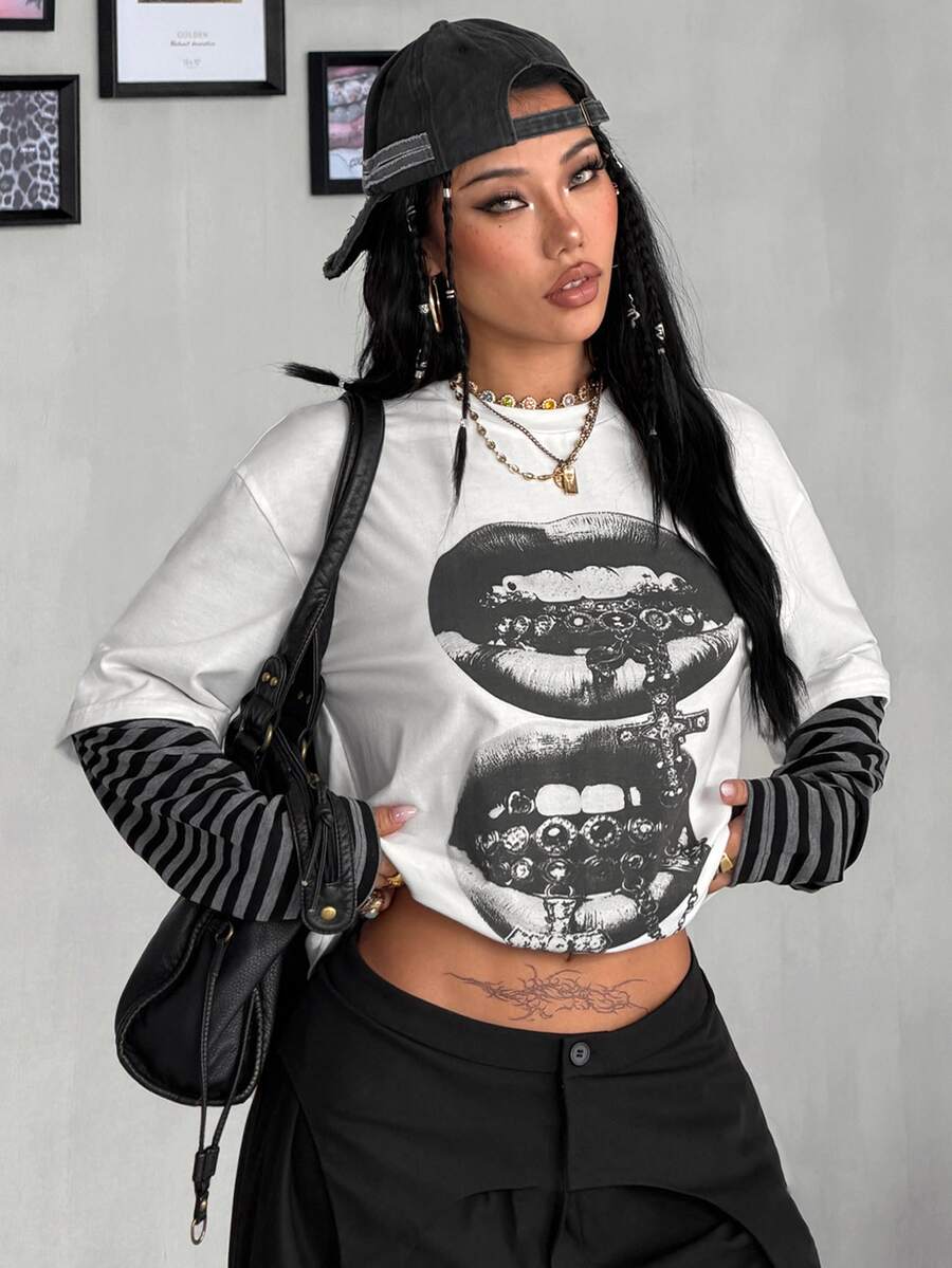 Women's casual graphic long sleeve t-shirt with a round neck, drop shoulder sleeves, and loose relaxed fit.