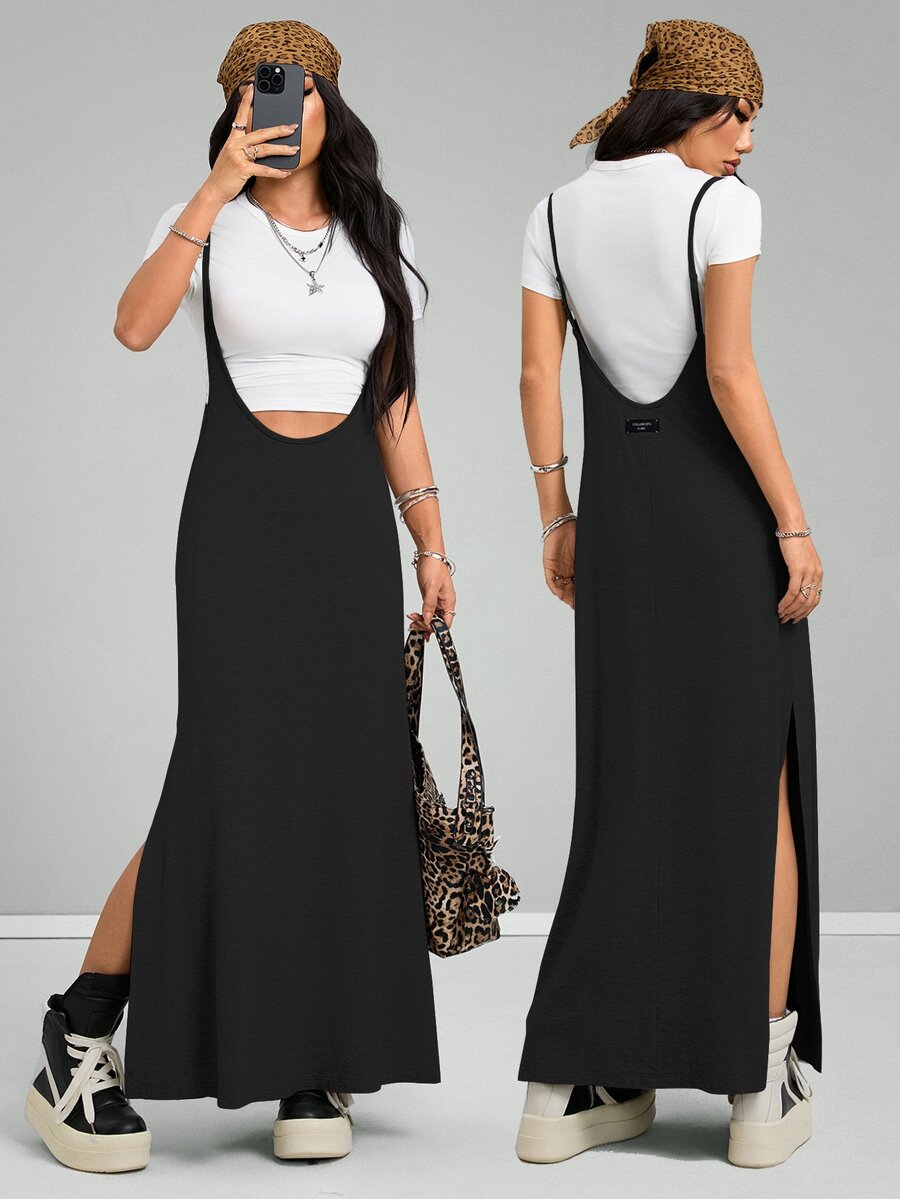 Sleeveless black cami maxi dress with spaghetti straps, textured knitted fabric, and a high thigh slit for women.