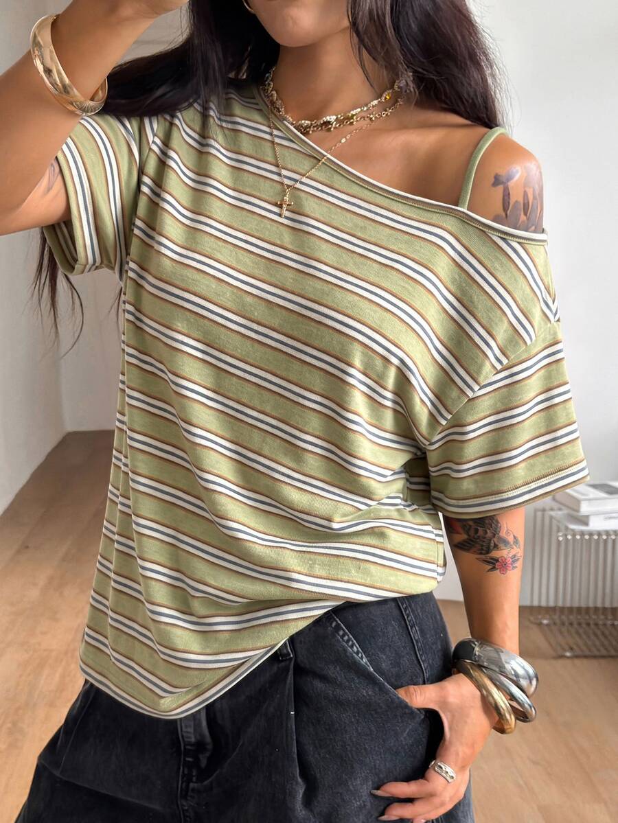 Women's casual loose fit cold shoulder cotton t-shirt with asymmetrical cutout neckline and short sleeves.