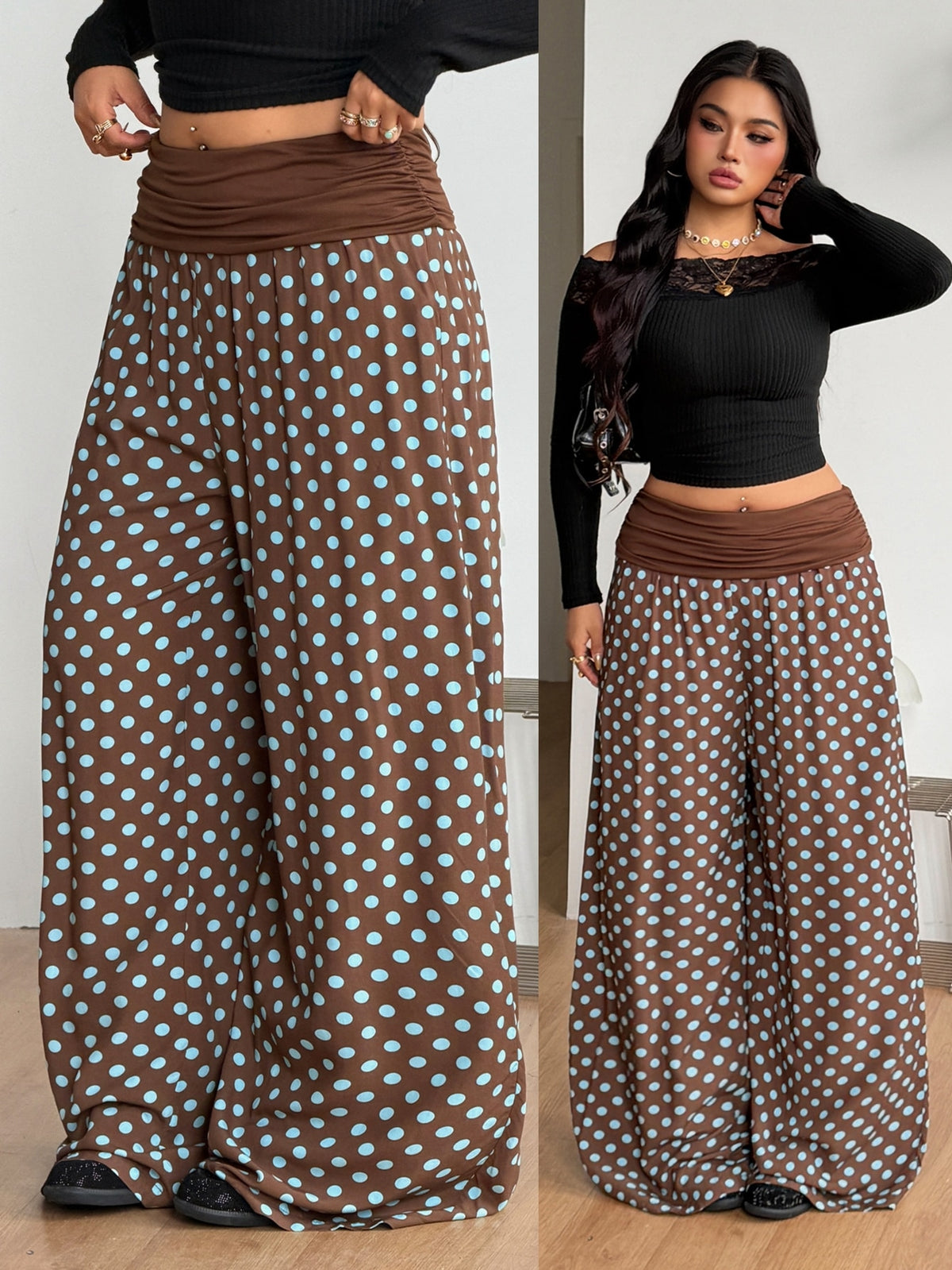 Women's plus size wide leg cotton pants featuring a relaxed loose fit and high waist design.