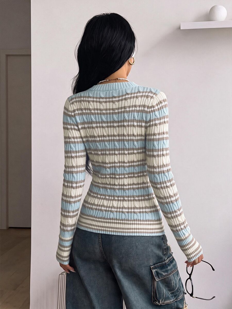 Women's slim fit cable-knit sweater with a V-neckline and long sleeves in solid green rib knit fabric.