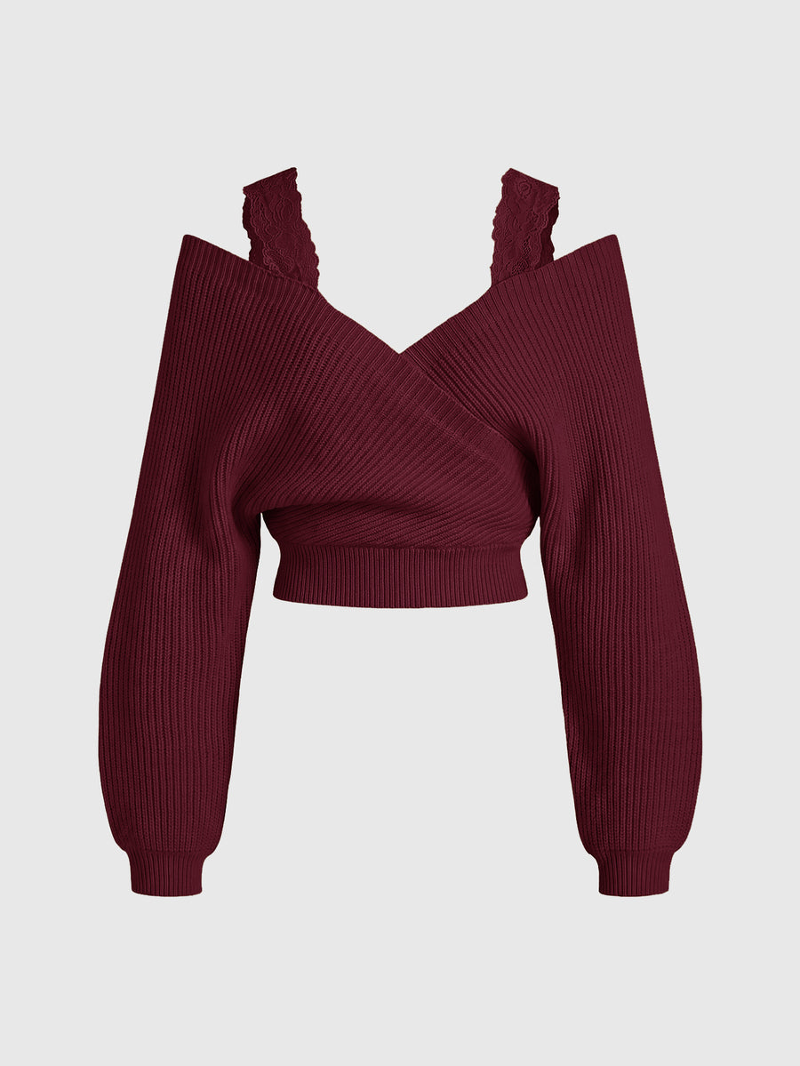 Women's two-piece rib-knit sweater set featuring a long-sleeve cold-shoulder crop top with strap details and matching wide-leg pants.