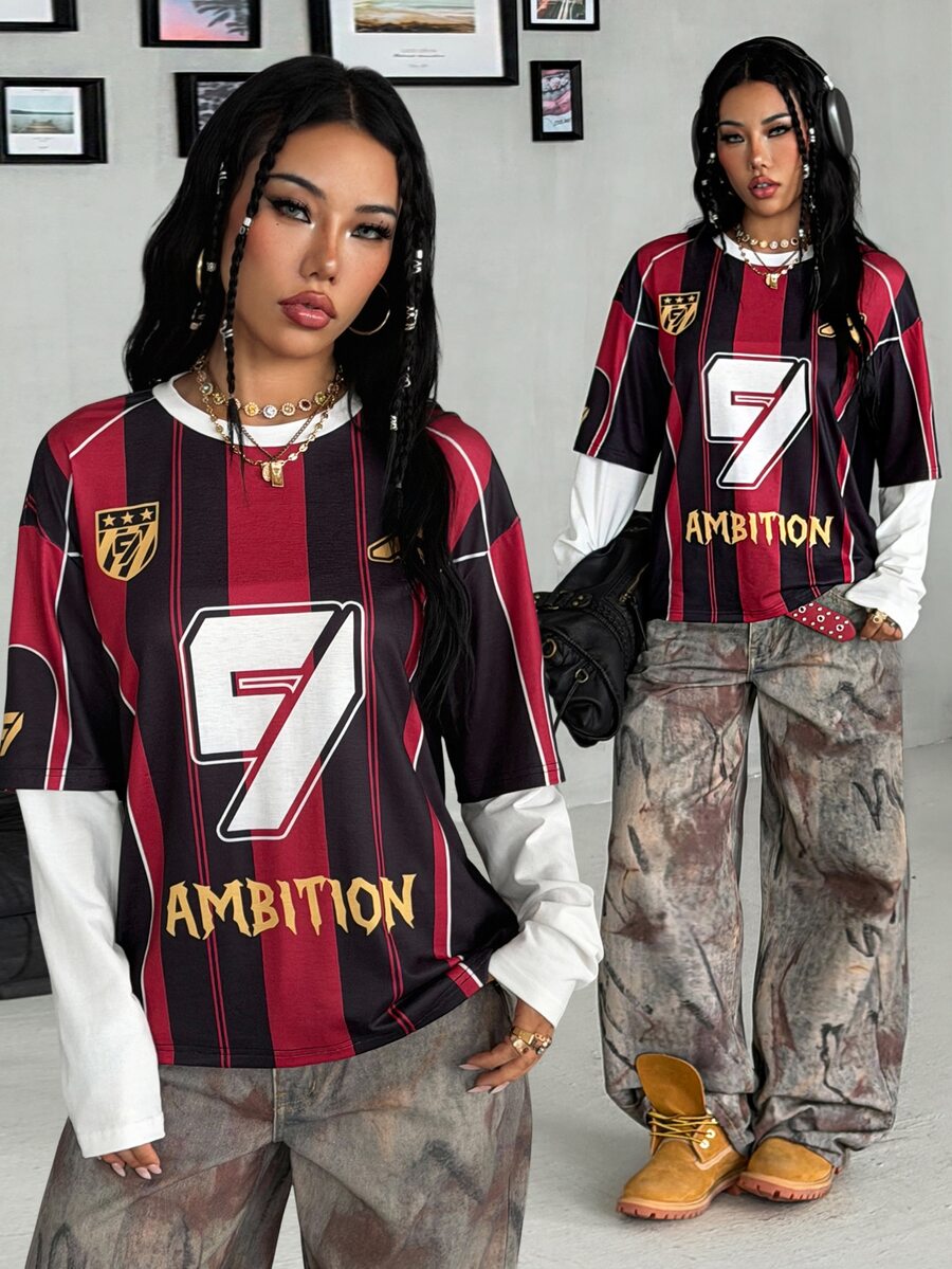 Women's casual graphic long sleeve t-shirt with a round neck, drop shoulder sleeves, and loose relaxed fit.