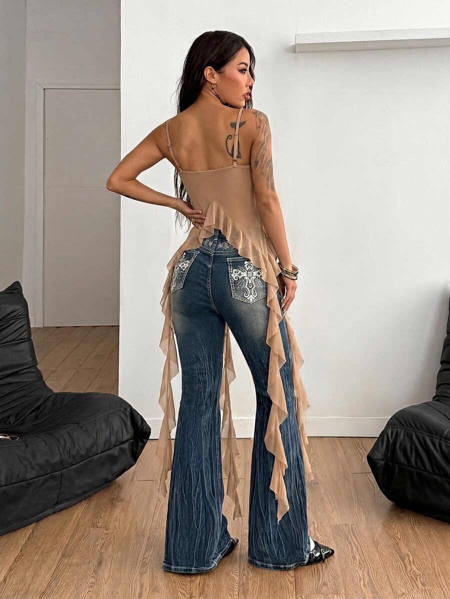 Burgundy sleeveless asymmetrical mesh long top for women featuring spaghetti straps and lace-up details with a slim fit.