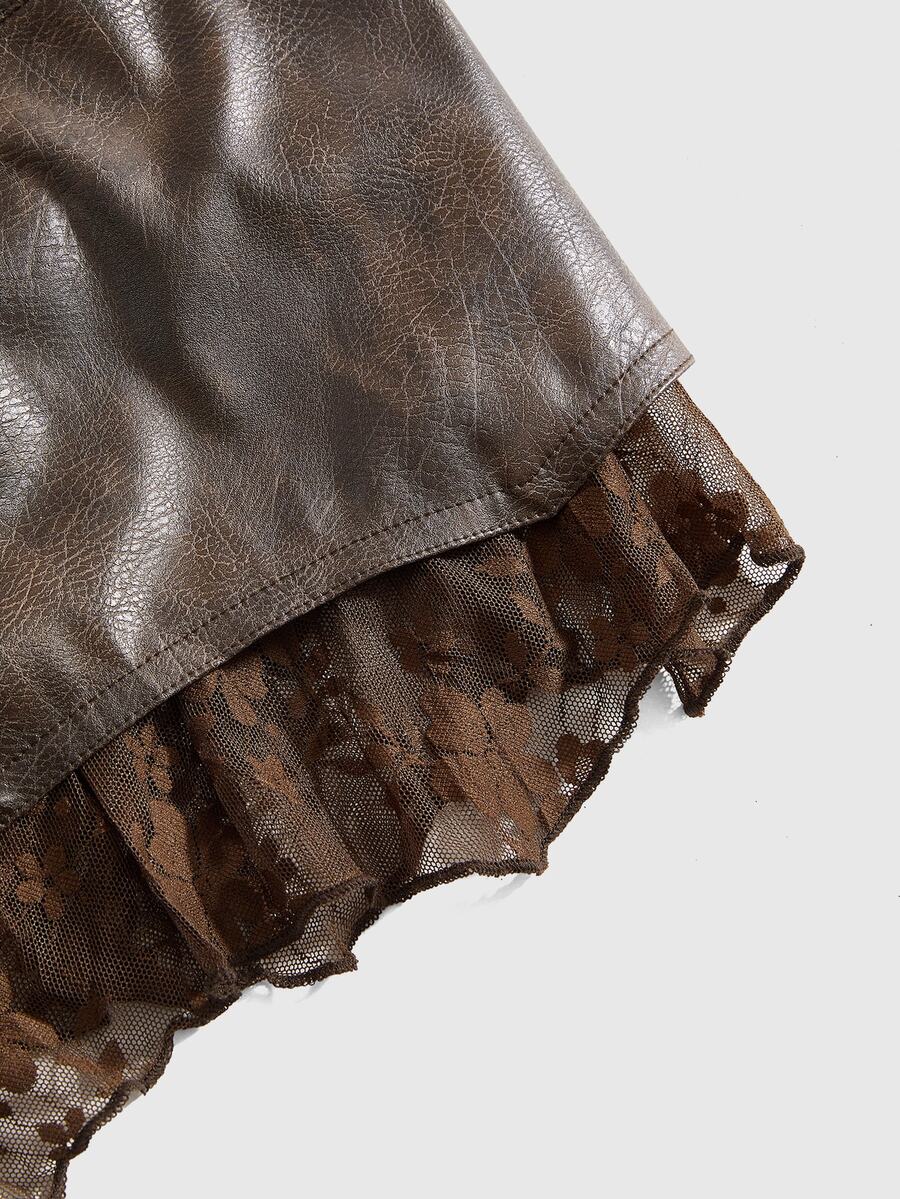Women's washed PU leather mini skirt with contrast lace trim, wrap knot tie detail, and asymmetrical hem.