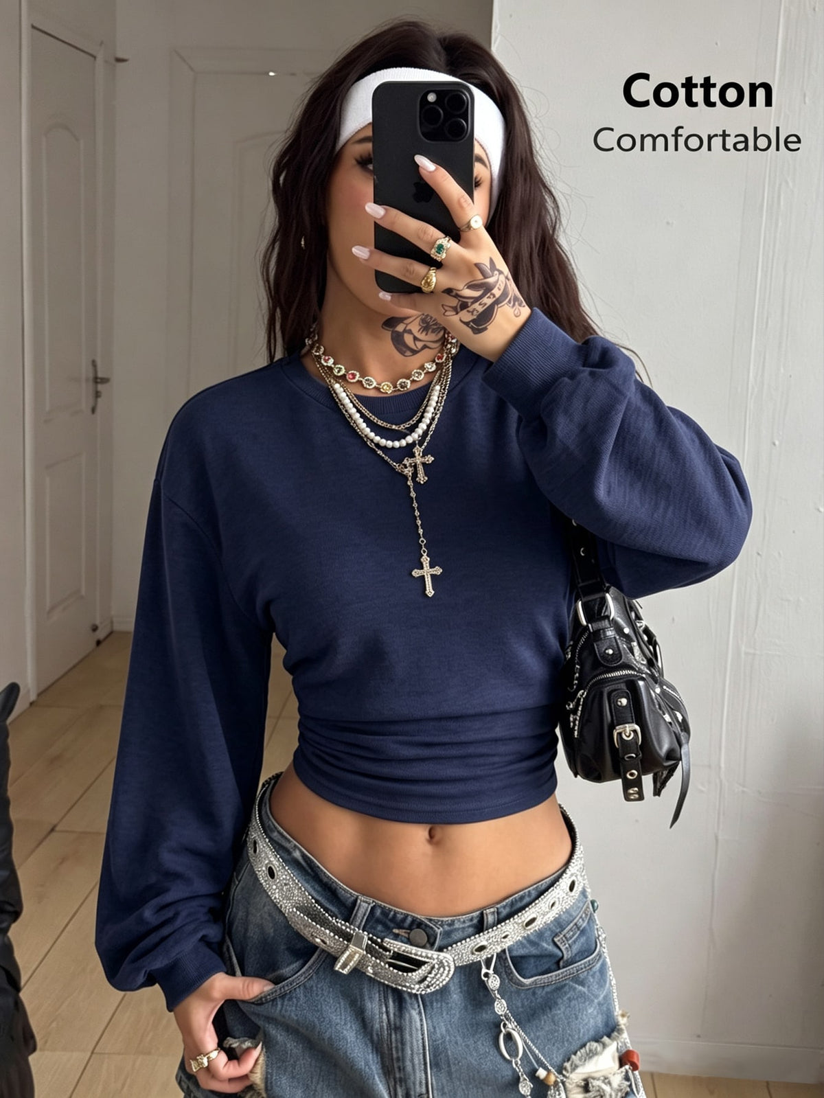 Women's brown waist-cinching sweatshirt featuring a round neck, drop shoulder long sleeves, and rib-knit cuffs.