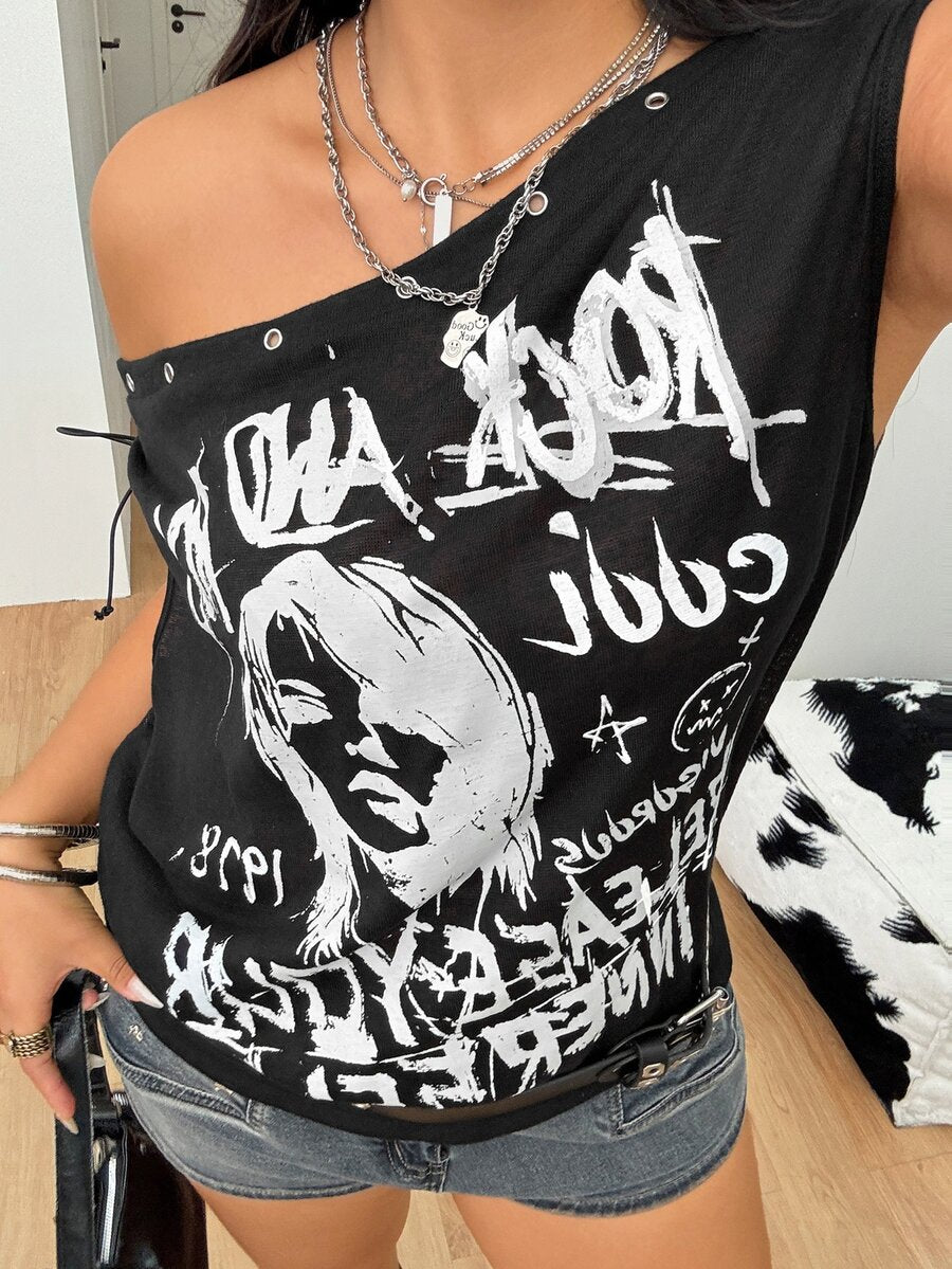 Black plus size cold shoulder graphic T-shirt featuring grommet eyelets, asymmetrical knot detail, and batwing cap sleeves.