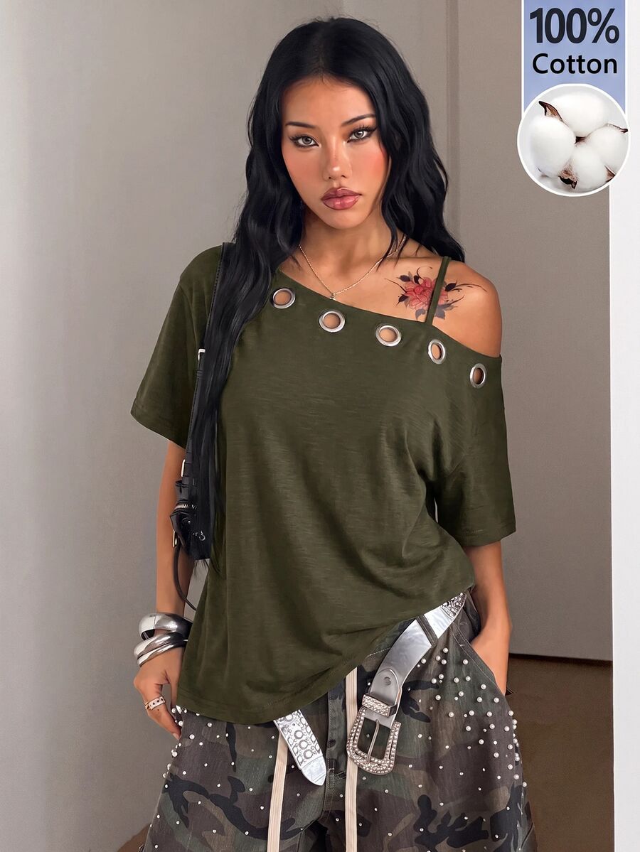 Women's casual loose fit cold shoulder cotton t-shirt with asymmetrical cutout neckline and short sleeves.