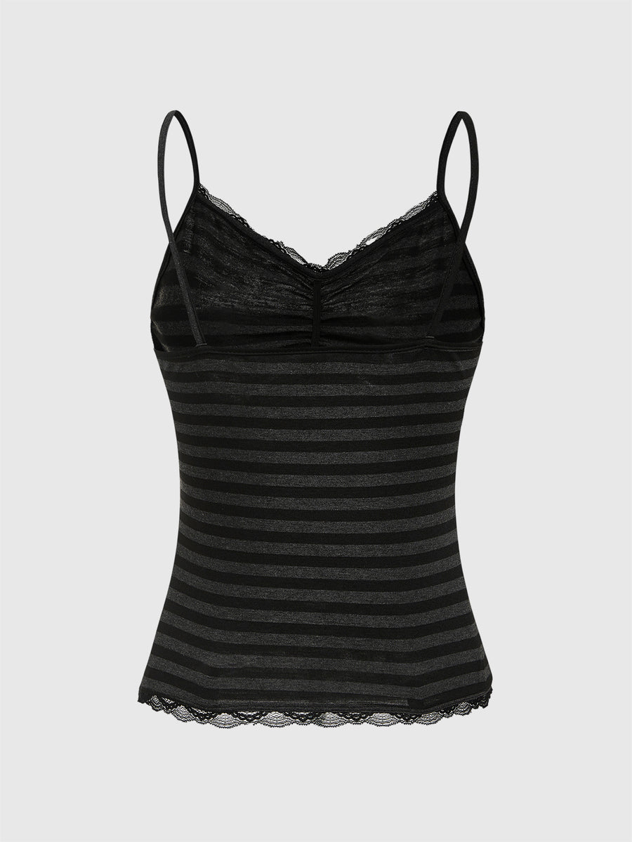 Women's striped rib-knit camisole top with contrast lace trim, ruched details, and spaghetti straps.