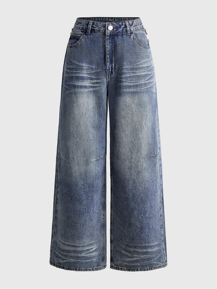 Women's low waist straight leg denim jeans with flag print and rivet accents in a loose baggy fit