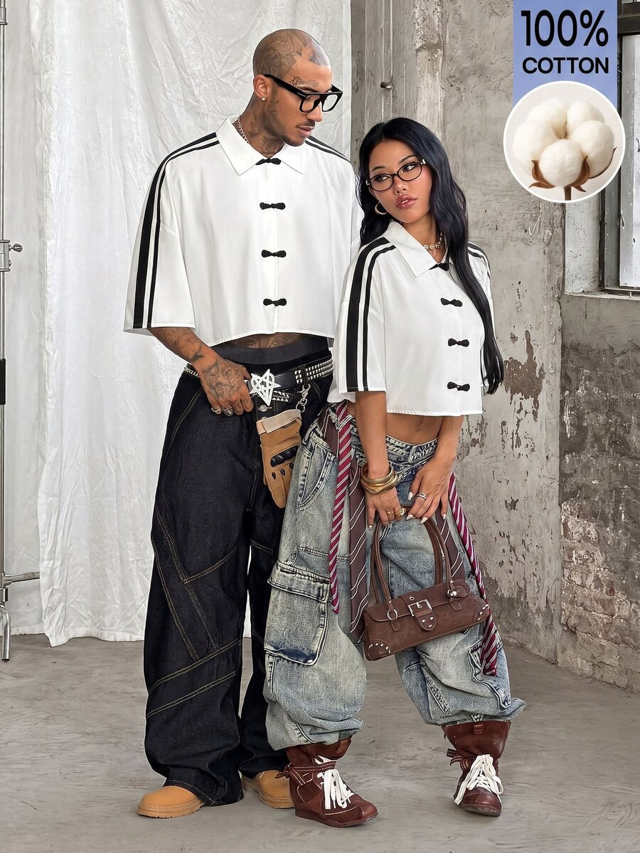 Women's plaid crop shirt with button front, chest pocket, short sleeves, and loose casual fit.