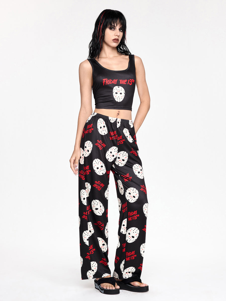 Women's gothic skull face print pajama set featuring a slim fit crop camisole and matching pants