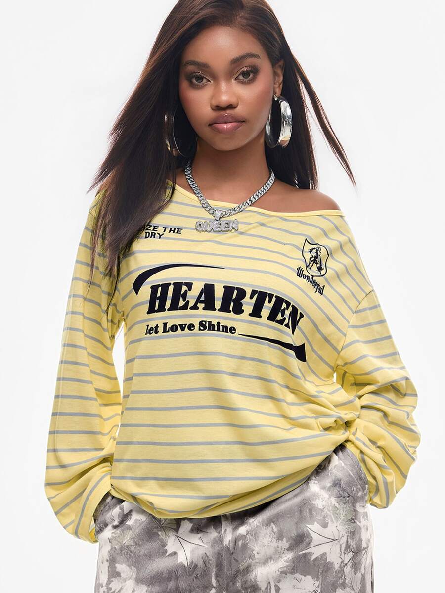 Women's brown striped boat neck long sleeve raglan T-shirt with a loose casual fit