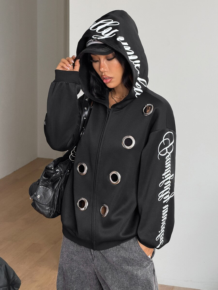 Women's brown leopard print zip-up hoodie with contrast faux fur trim and long bishop sleeves