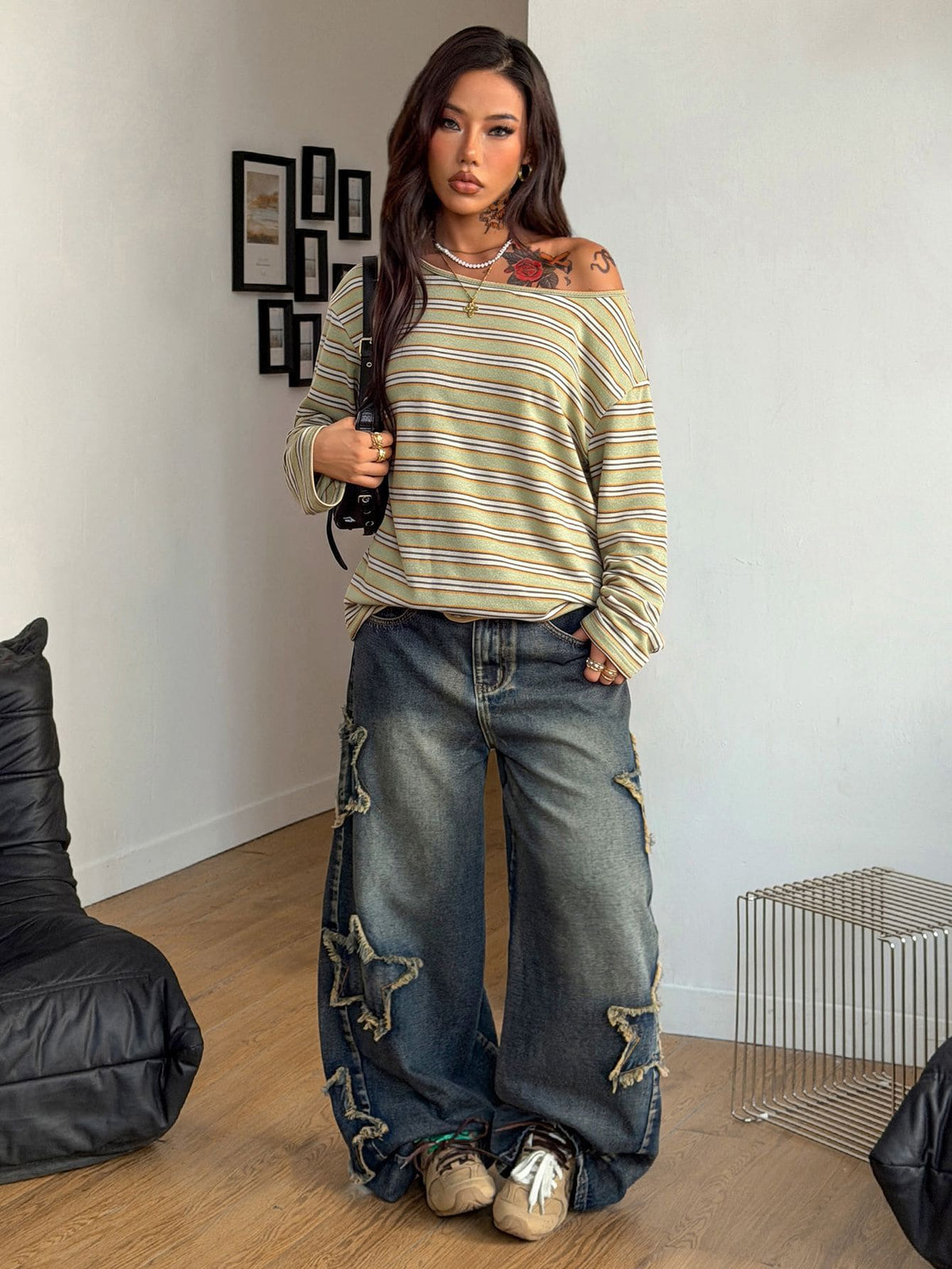 Women's brown striped boat neck long sleeve raglan T-shirt with a loose casual fit