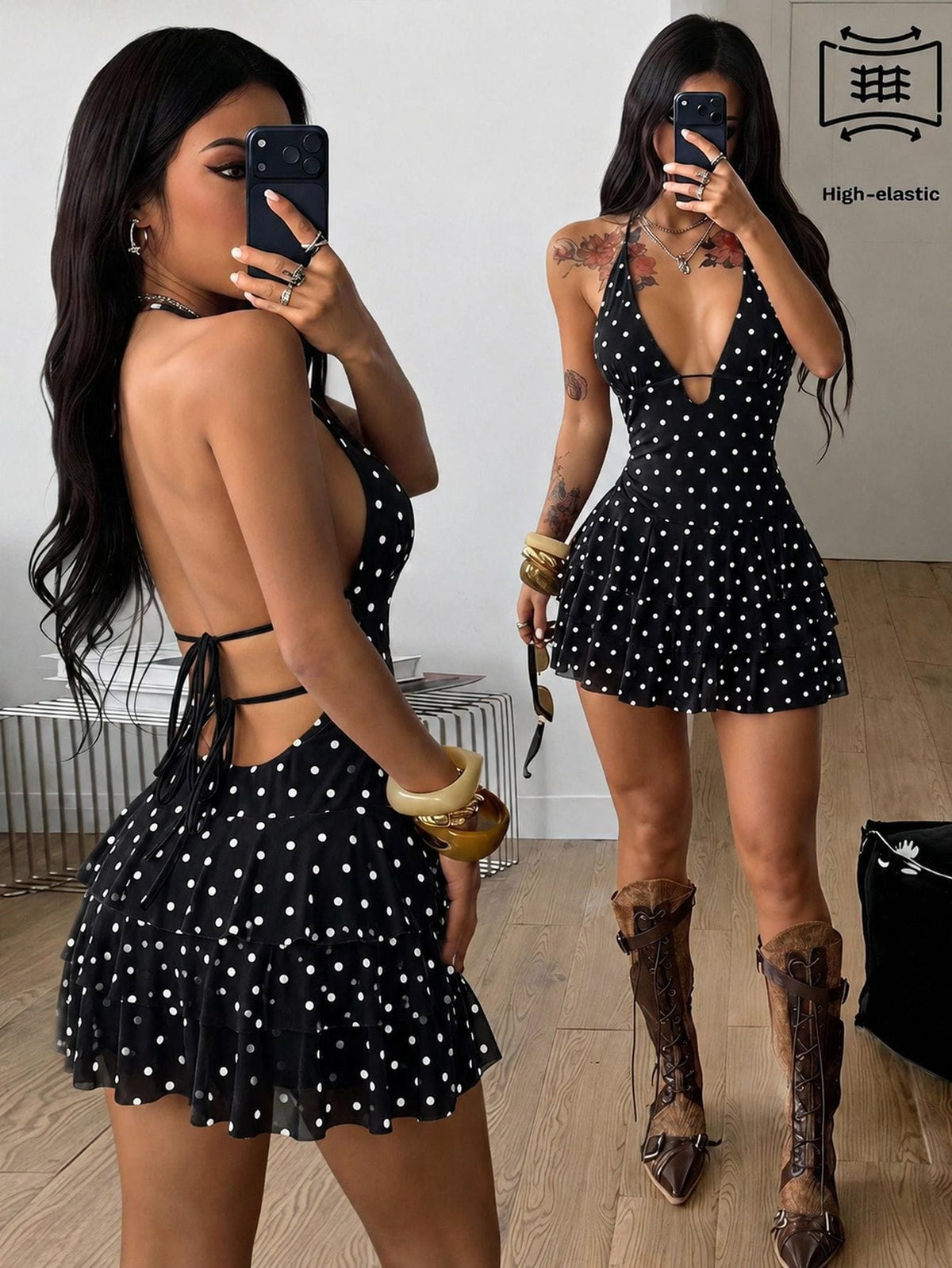 Front view of a women's lace halter mini dress featuring a slim-fit bodice, flared hem, and sleeveless design.