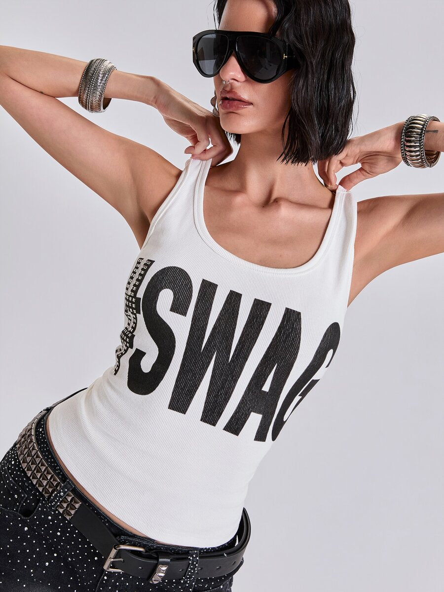 Women's slim fit ribbed scoop neck tank top featuring graphic print and rivet embellishments