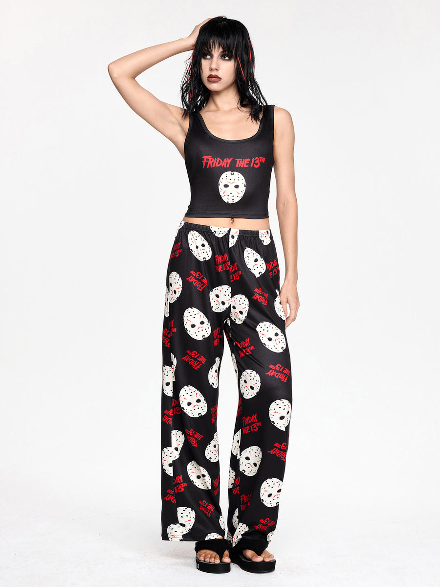 Women's gothic skull face print pajama set featuring a slim fit crop camisole and matching pants