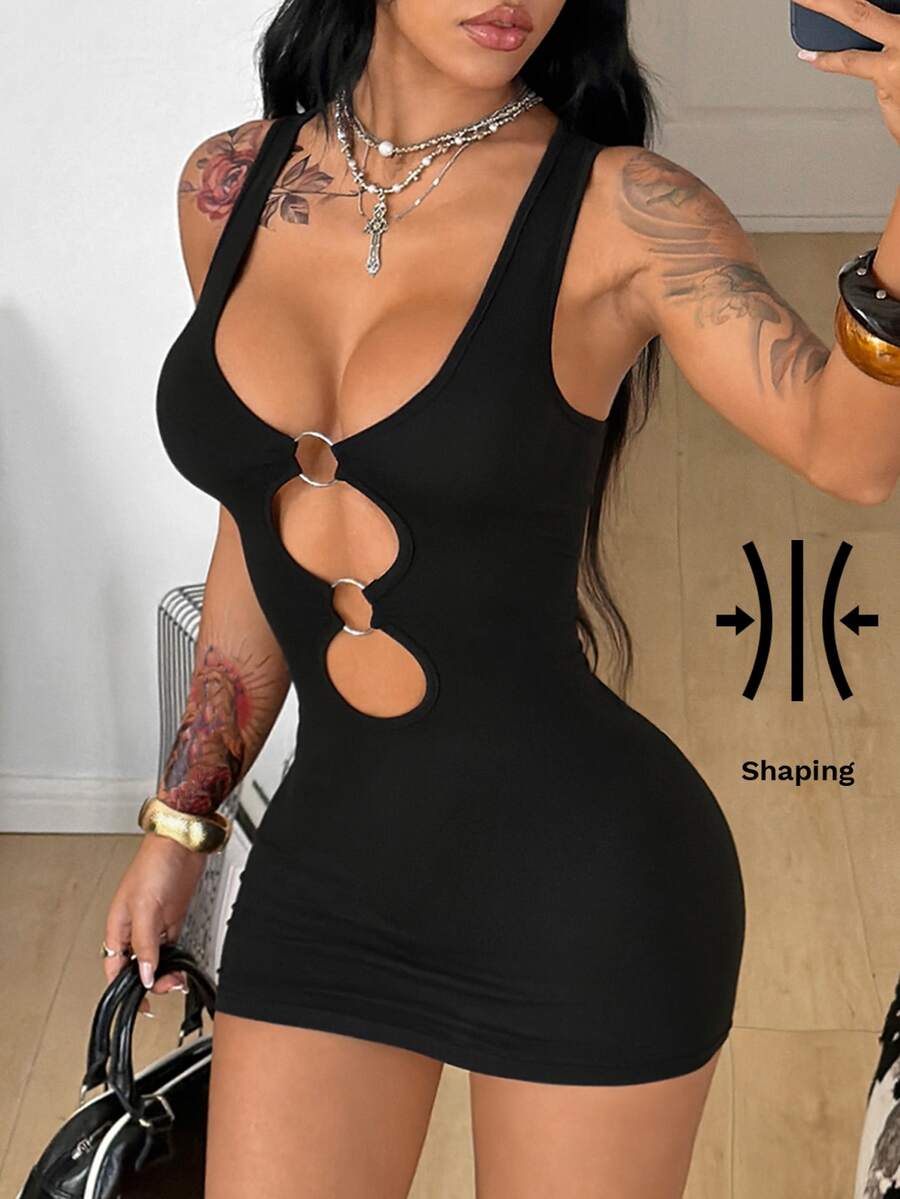 Women's slim fit cutout mini dress with scoop neck and metal buckle detail with arm sleeves