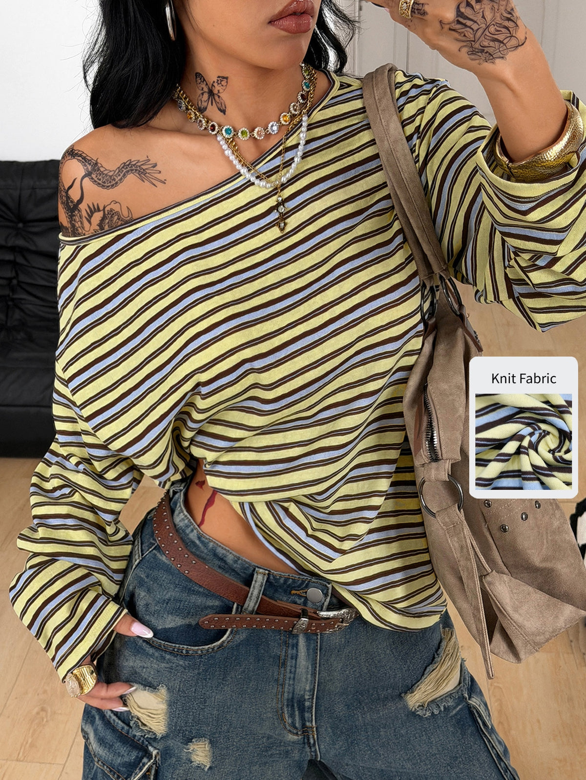 Women's brown striped boat neck long sleeve raglan T-shirt with a loose casual fit