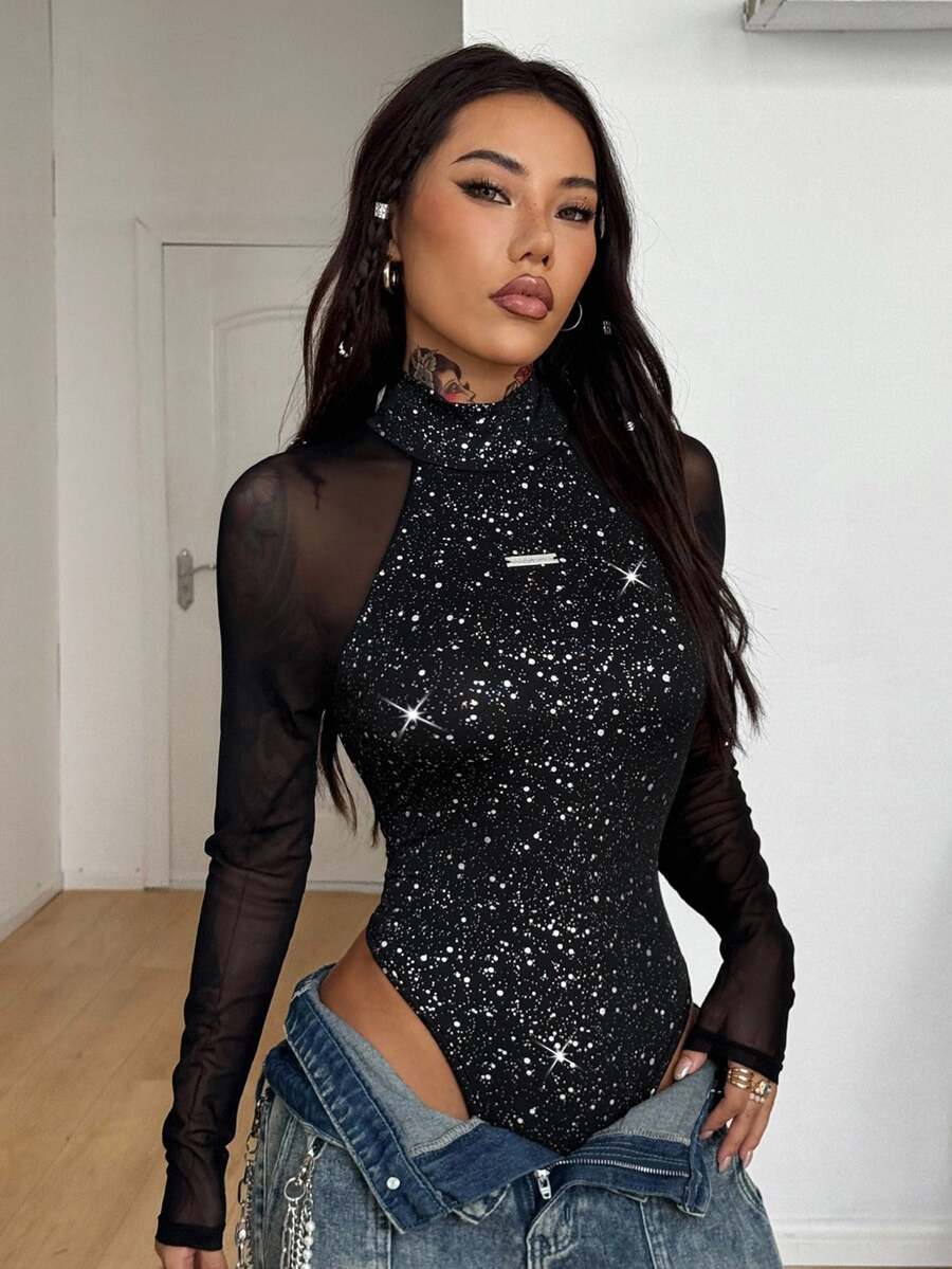Women's slim fit lace bodysuit with extra-long sleeves, stand collar, and contrast sheer mesh details.