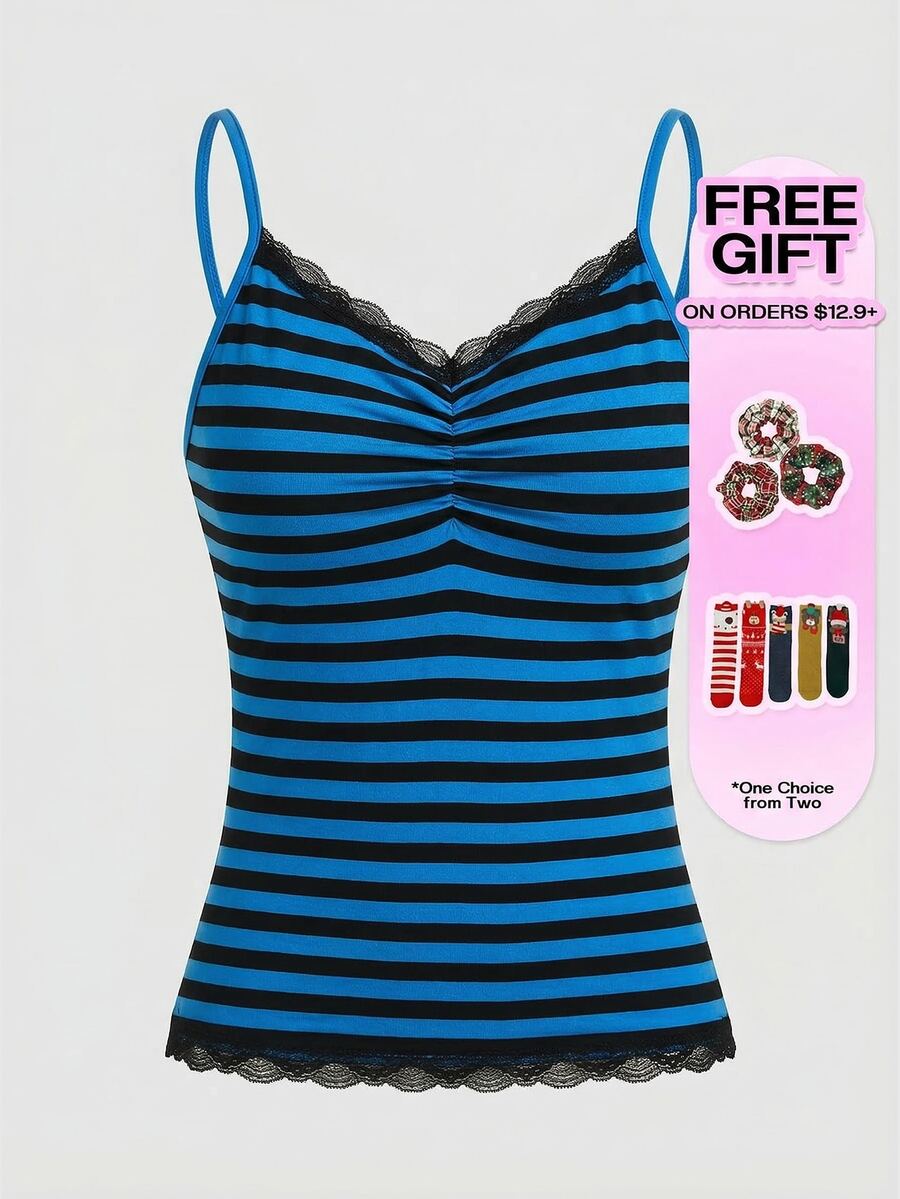 Women's striped rib-knit camisole top with contrast lace trim, ruched details, and spaghetti straps.