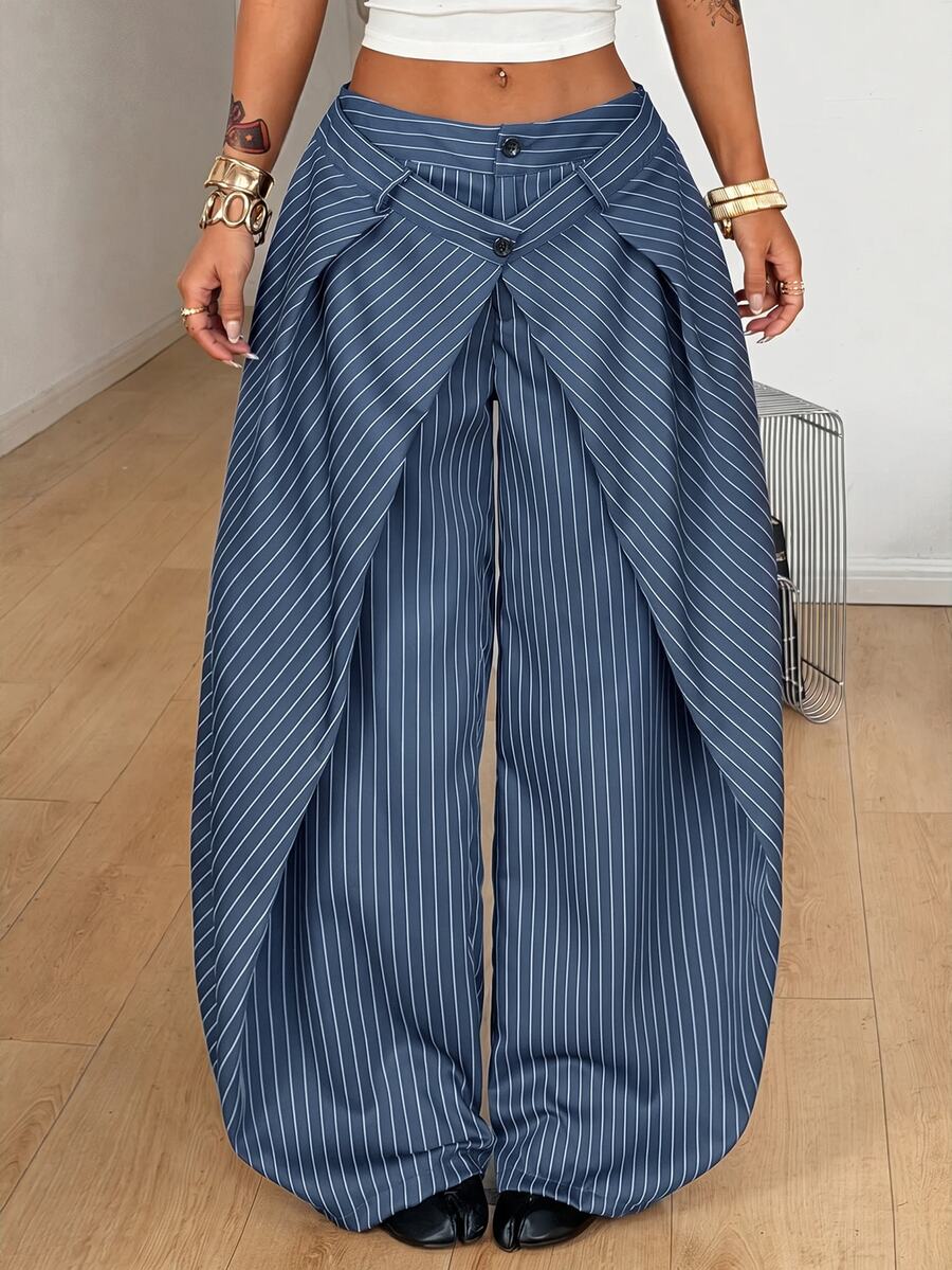 Women's loose fit pleated wide leg pants in royal blue pinstripe woven fabric with zipper fly closure.