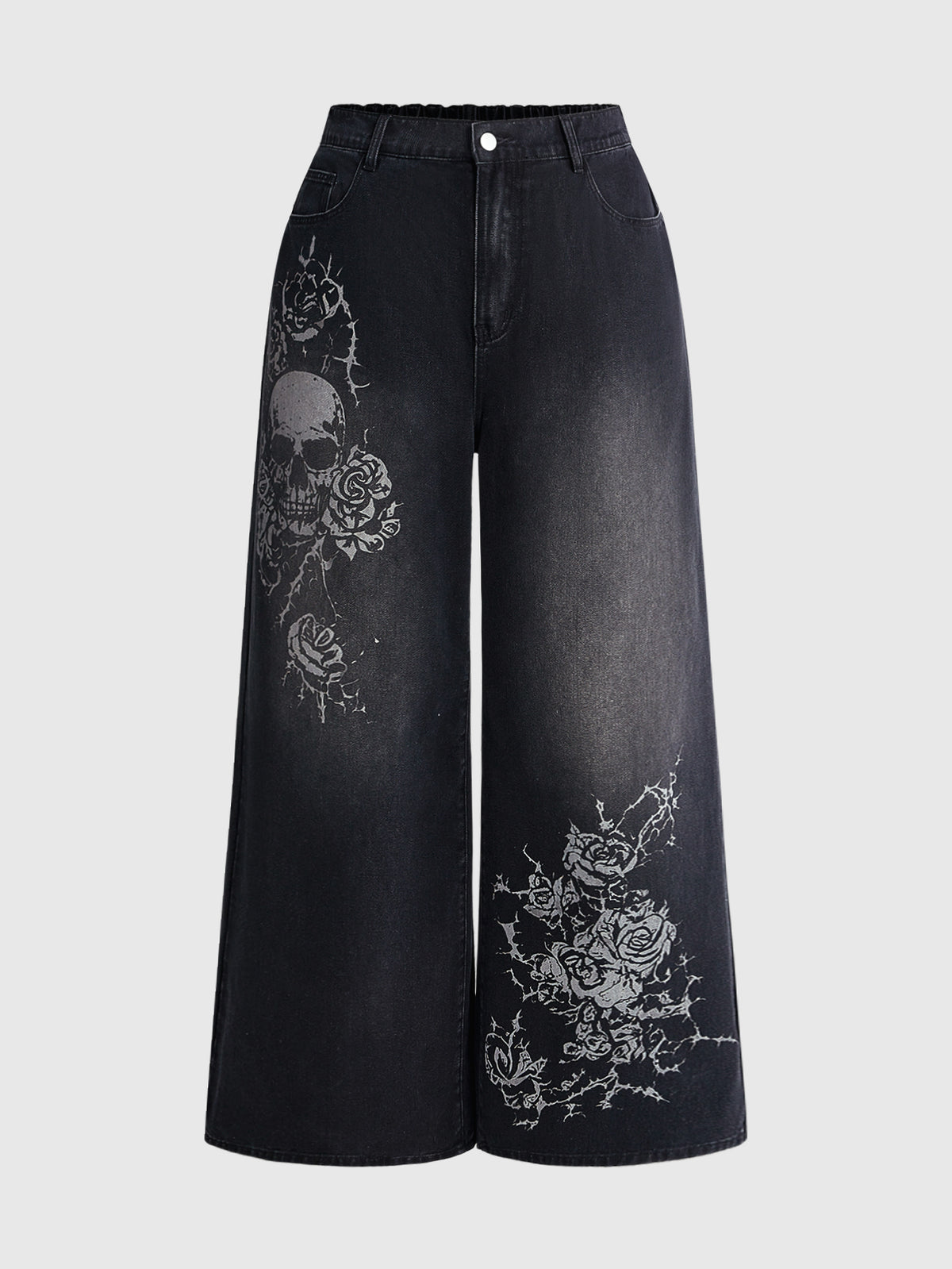 Women's gothic cross print baggy wide leg jeans made from denim with zipper fly and loose fit.