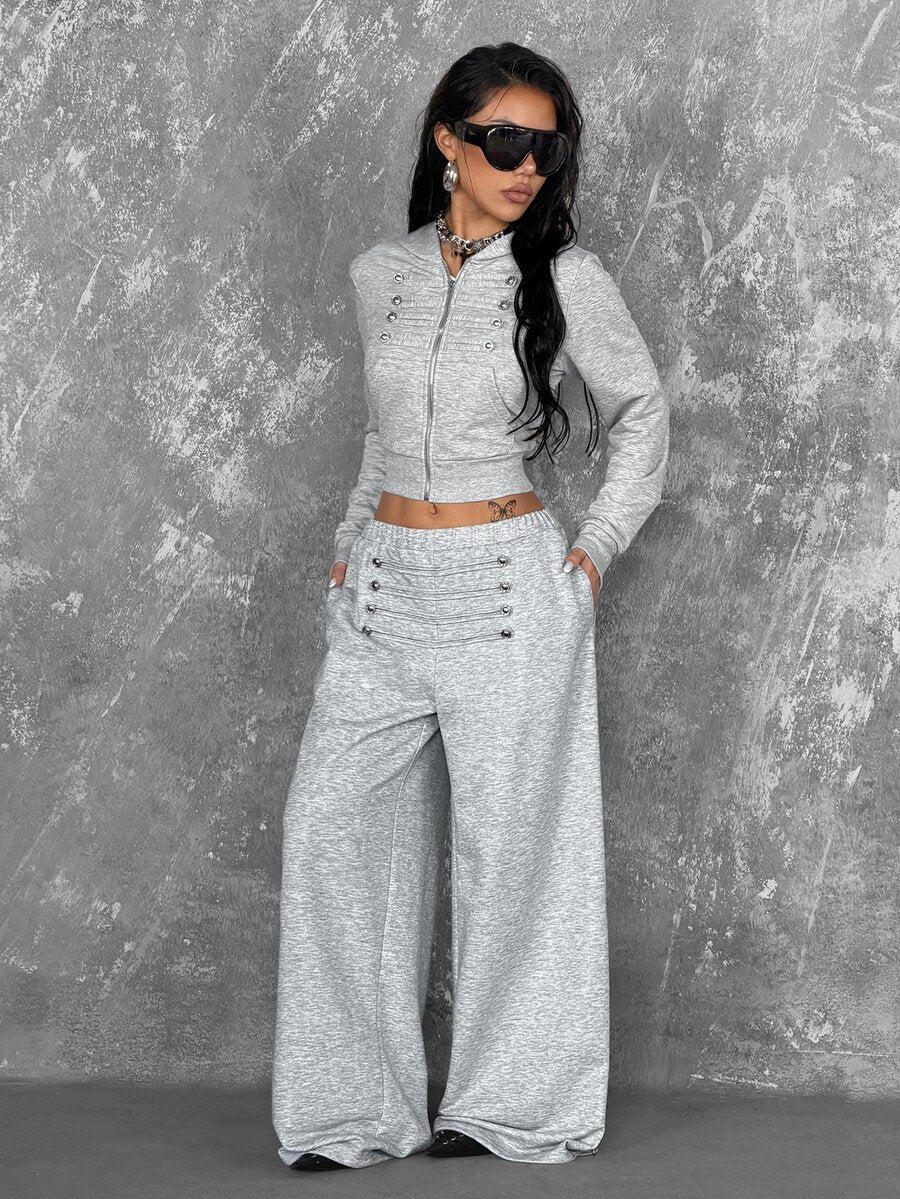 Women's loose fit wide leg graphic sweatpants in light grey with an elastic drawstring waistband