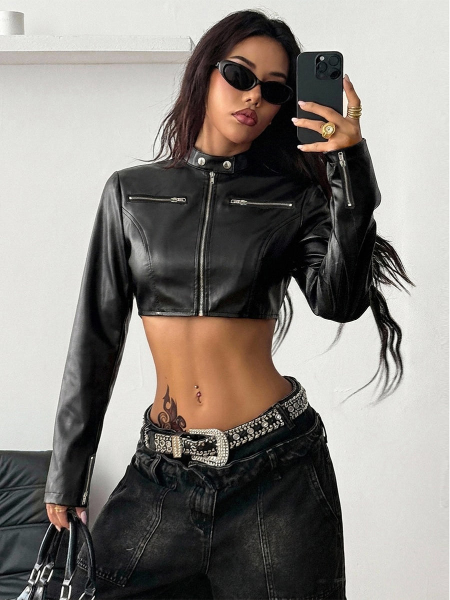 Women's metallic grey cropped faux leather jacket featuring a stand collar and asymmetrical zip front closure.