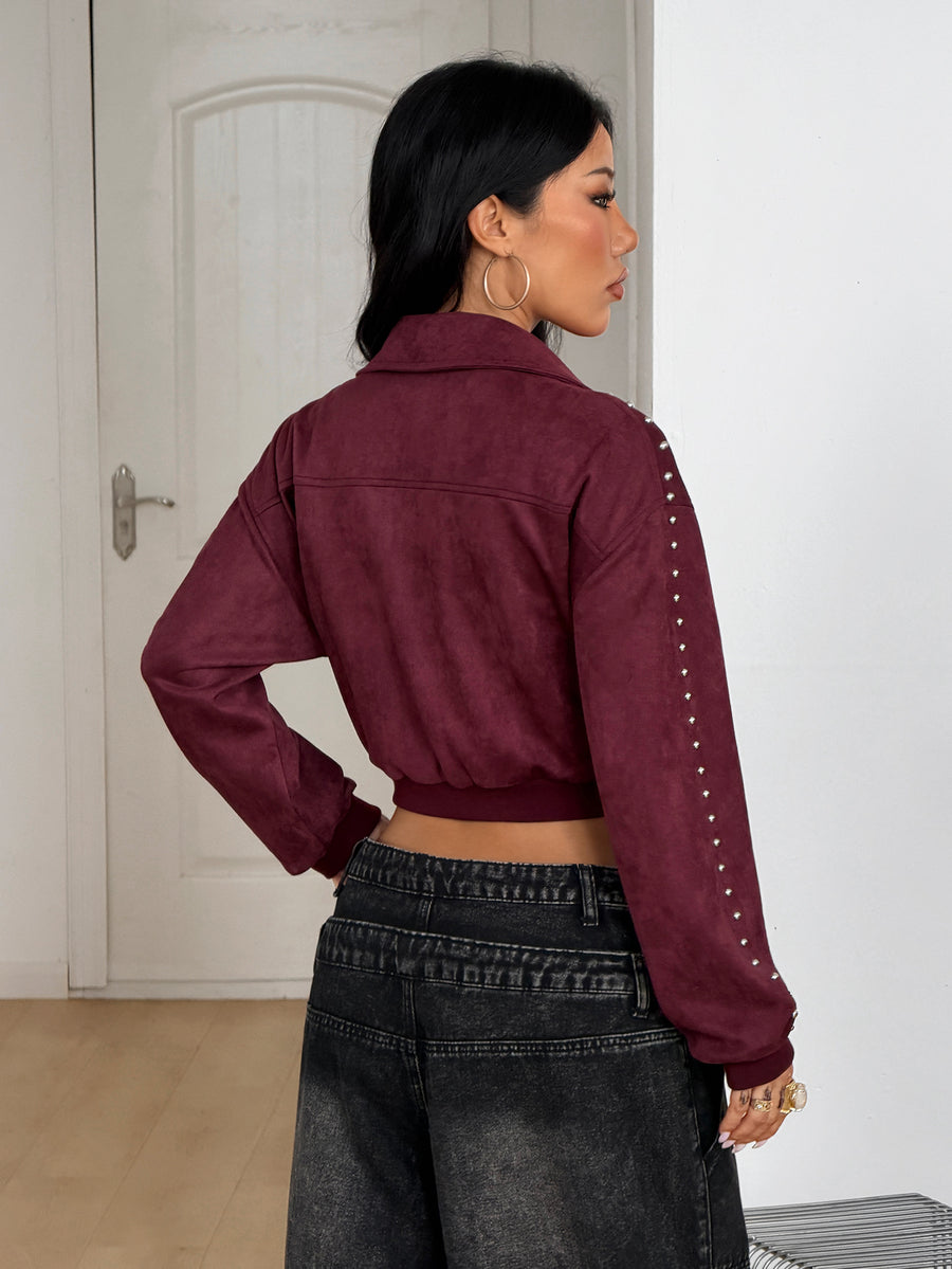 Women's cropped zip-up casual jacket featuring a collared neckline, long drop-shoulder sleeves, and front pockets in a suede-style finish.