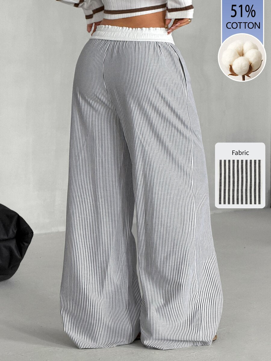 Women's striped straight leg casual trousers with elastic mid waist and side pockets