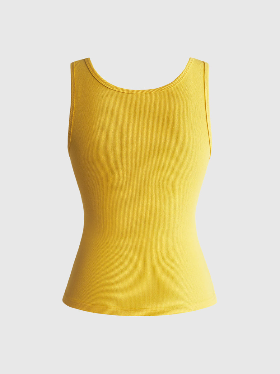 Women's slim fit ribbed scoop neck tank top featuring graphic print and rivet embellishments
