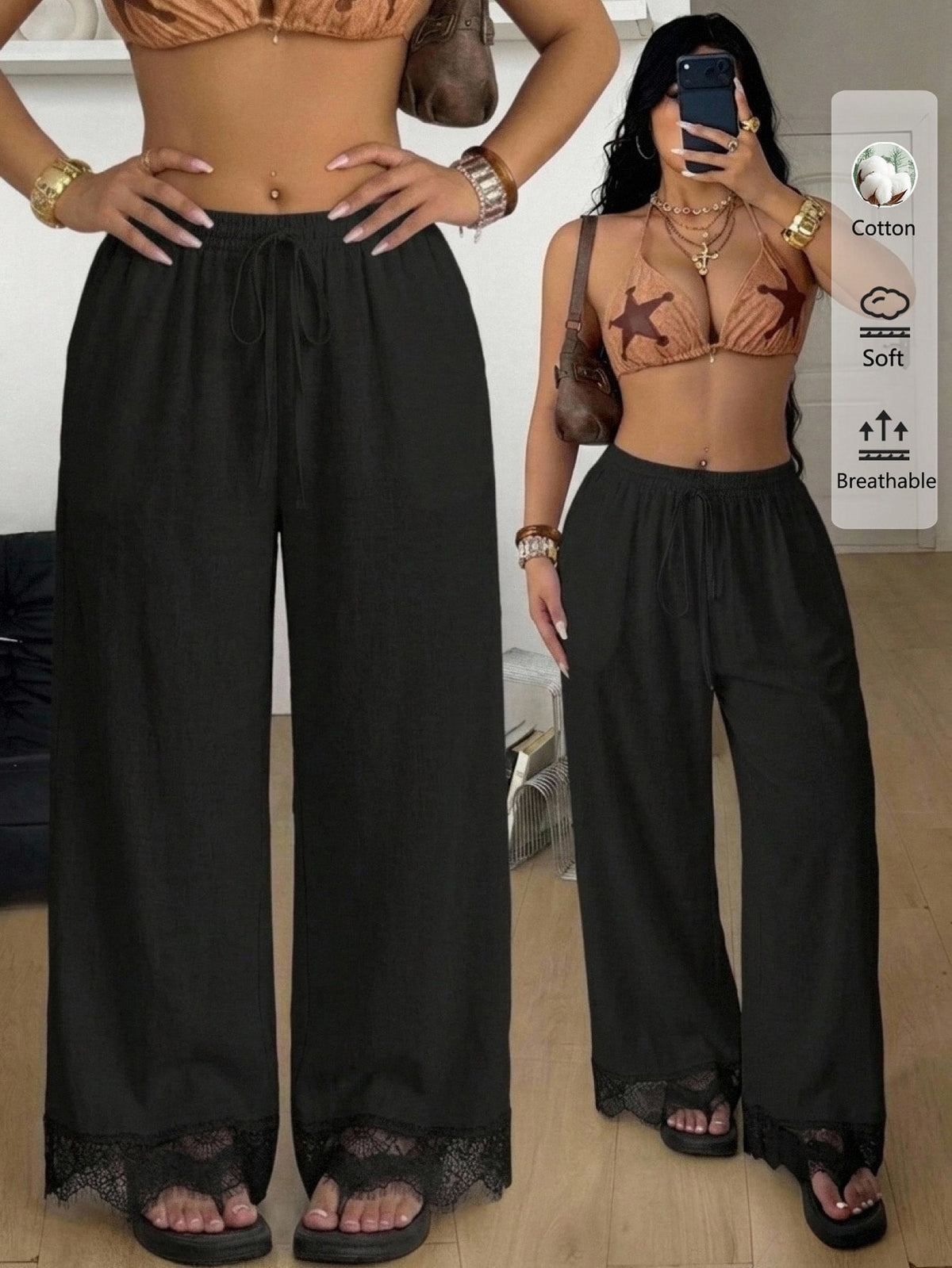 Black wide leg pants for women featuring delicate contrast lace trim at the hem, an adjustable drawstring waist, and functional pockets.