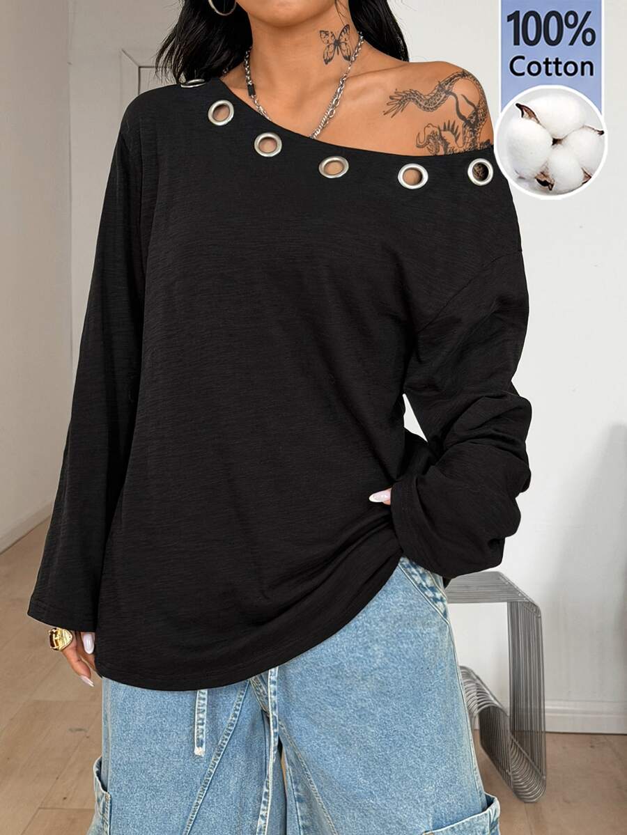 Women's brown striped boat neck long sleeve raglan T-shirt with a loose casual fit