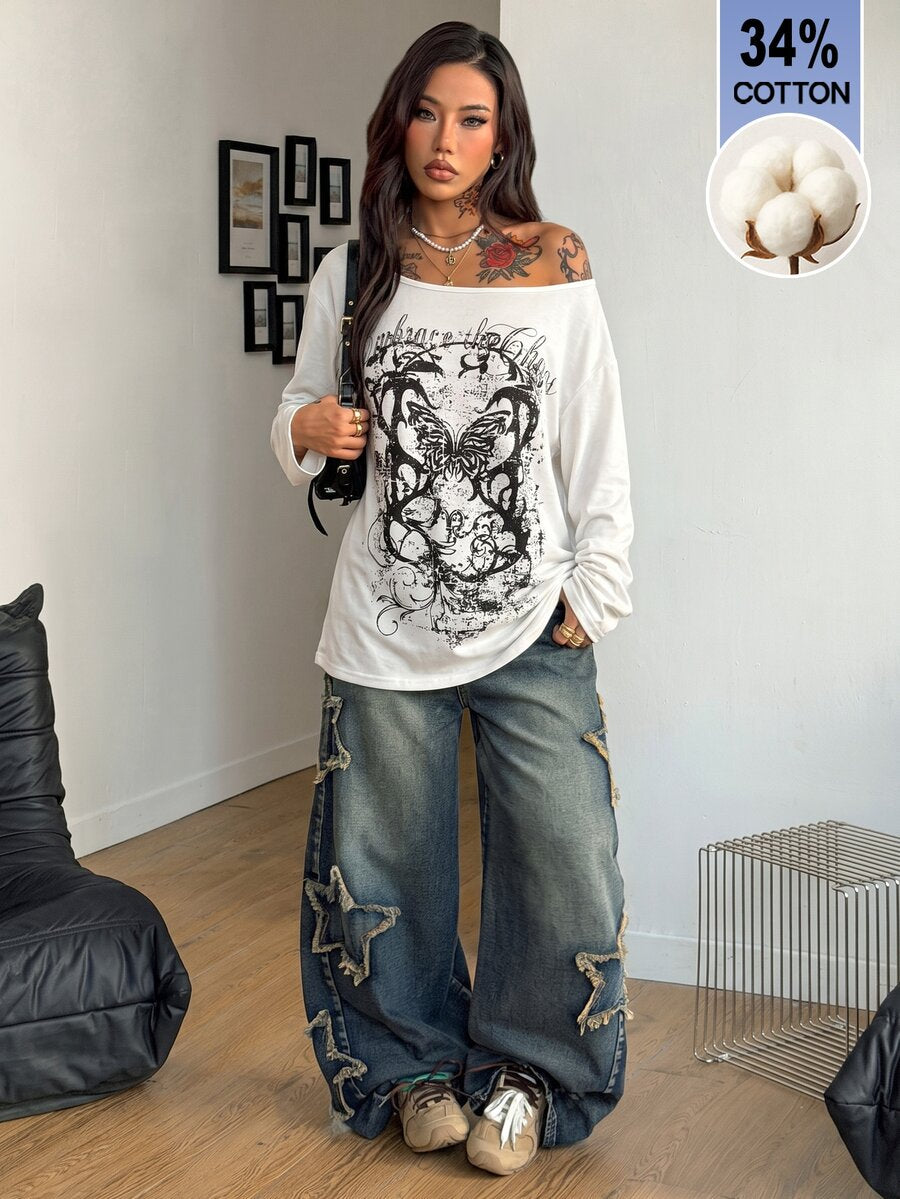 Women's brown striped boat neck long sleeve raglan T-shirt with a loose casual fit