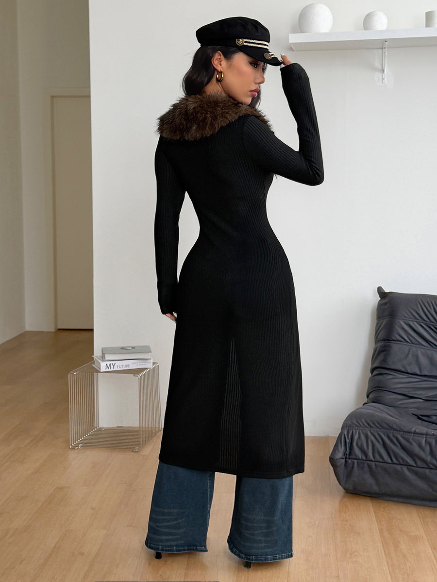 Women's slim fit black long sleeve midi coat with a contrast faux fur collar and button-down front.