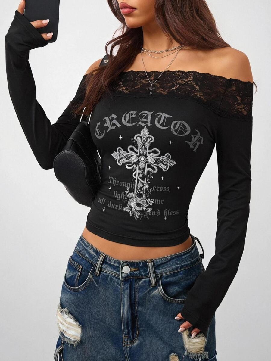 Women's striped off the shoulder long-sleeve top with contrast lace trim and ribbed knit texture.