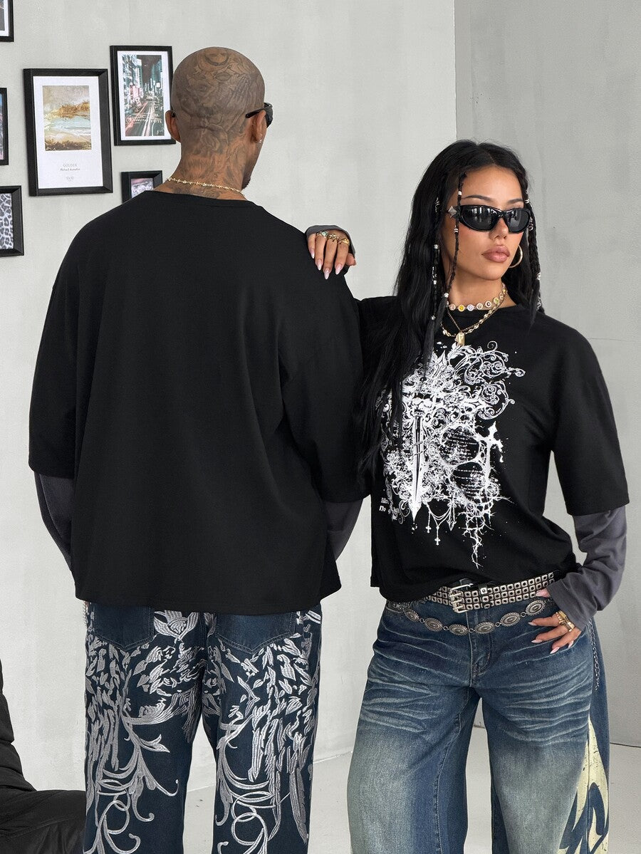 Women's casual graphic long sleeve t-shirt with a round neck, drop shoulder sleeves, and loose relaxed fit.