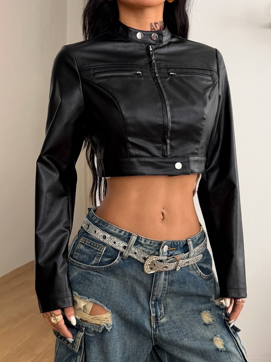 Front view of a women's black cropped PU leather jacket featuring a stand collar, long sleeves, and front zipper closure.