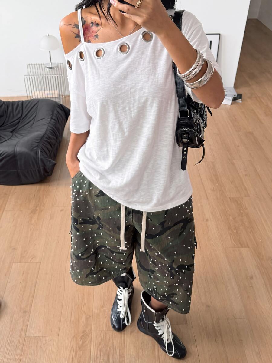 Women's casual loose fit cold shoulder cotton t-shirt with asymmetrical cutout neckline and short sleeves.
