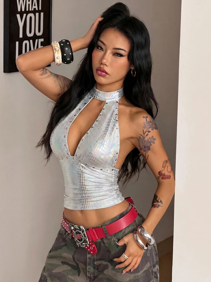 Women's metallic halter tank top featuring a plunging V-neck, slim fit cut, and backless tie-back design