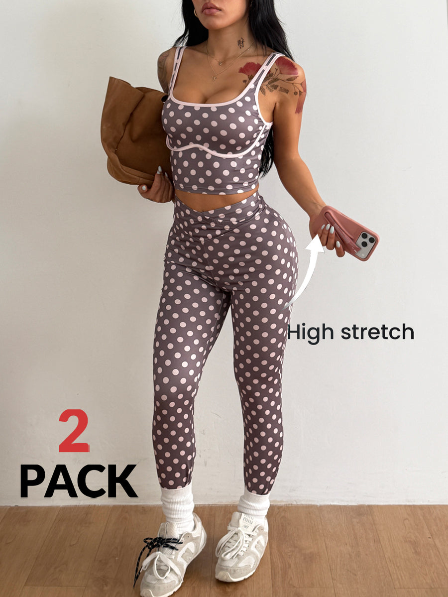 Women's two-piece activewear set featuring a multicolor polka dot backless crop top and matching slim-fit leggings.