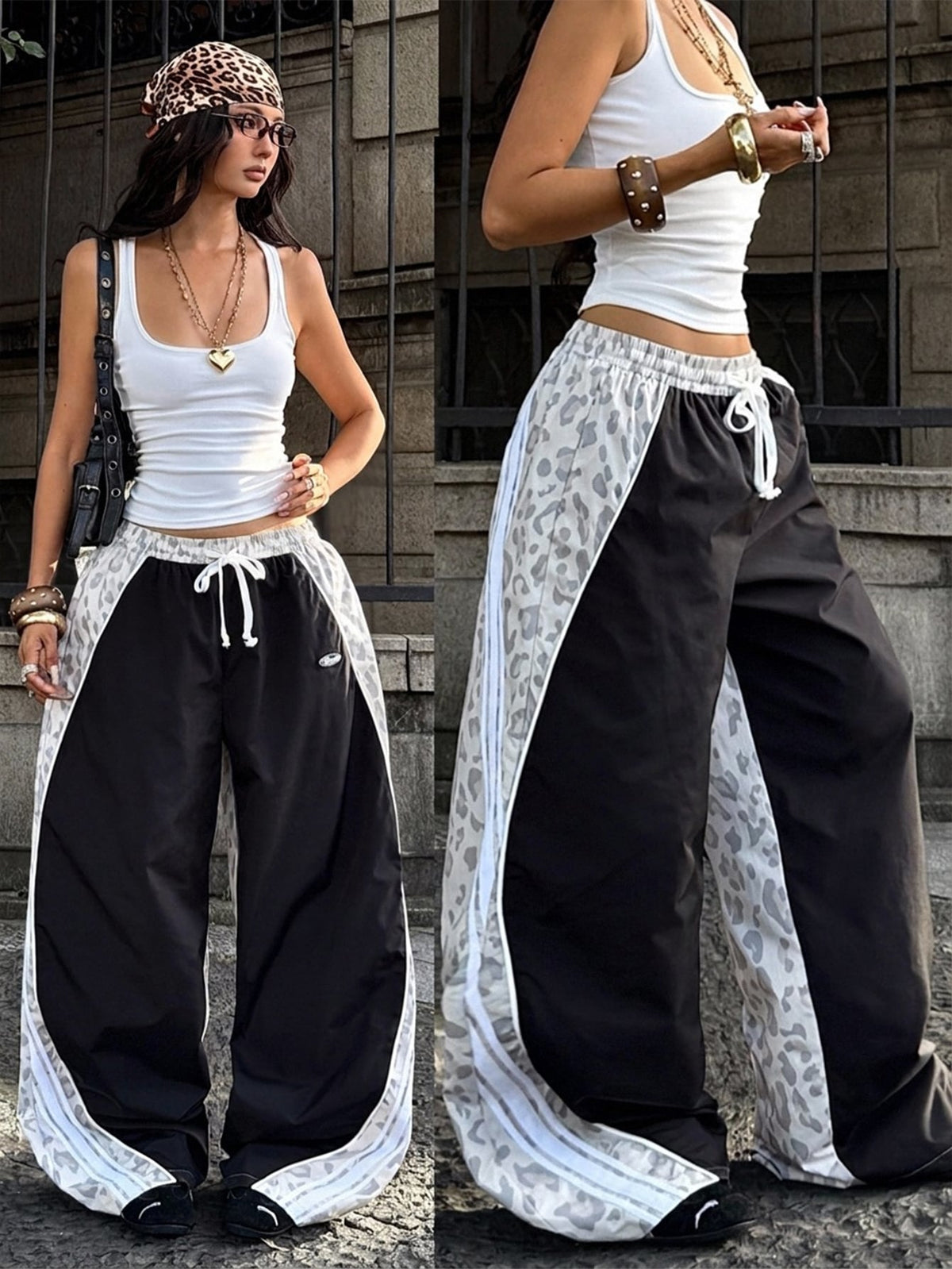 Women's loose fit straight leg pants in black and white with banded texture design, low drawstring waist, and pockets.