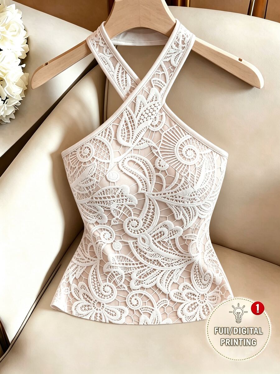 Apricot slim fit criss-cross halter tank top with folk plant print and backless design for women